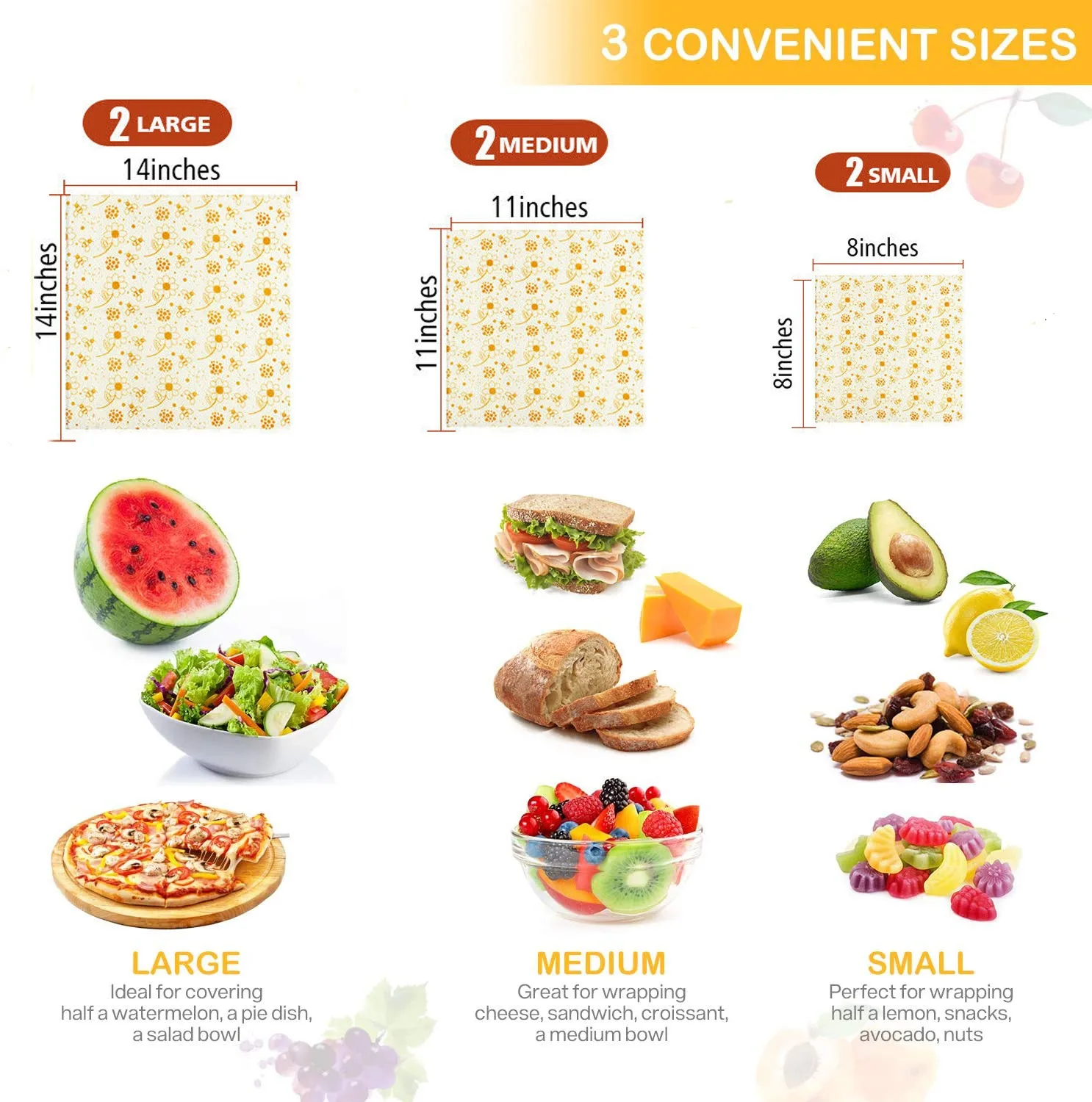 6pcs beeswax food packaging, easy to clean and recyclable, with three sizes of packaging paper for vegetables, fruits, and bento