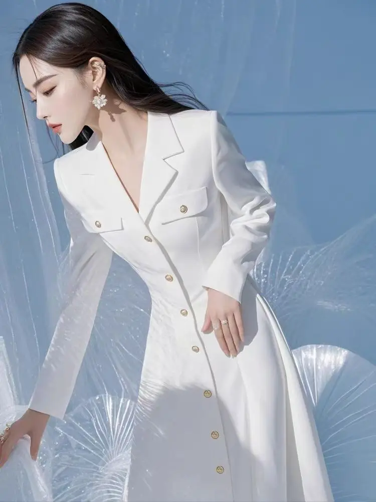 新しいハイエンドフレンチシャツドレス女性エレガントなオフィスレディラペル長袖シングルブレストファッションブレザーミディド​​レス Vestidos