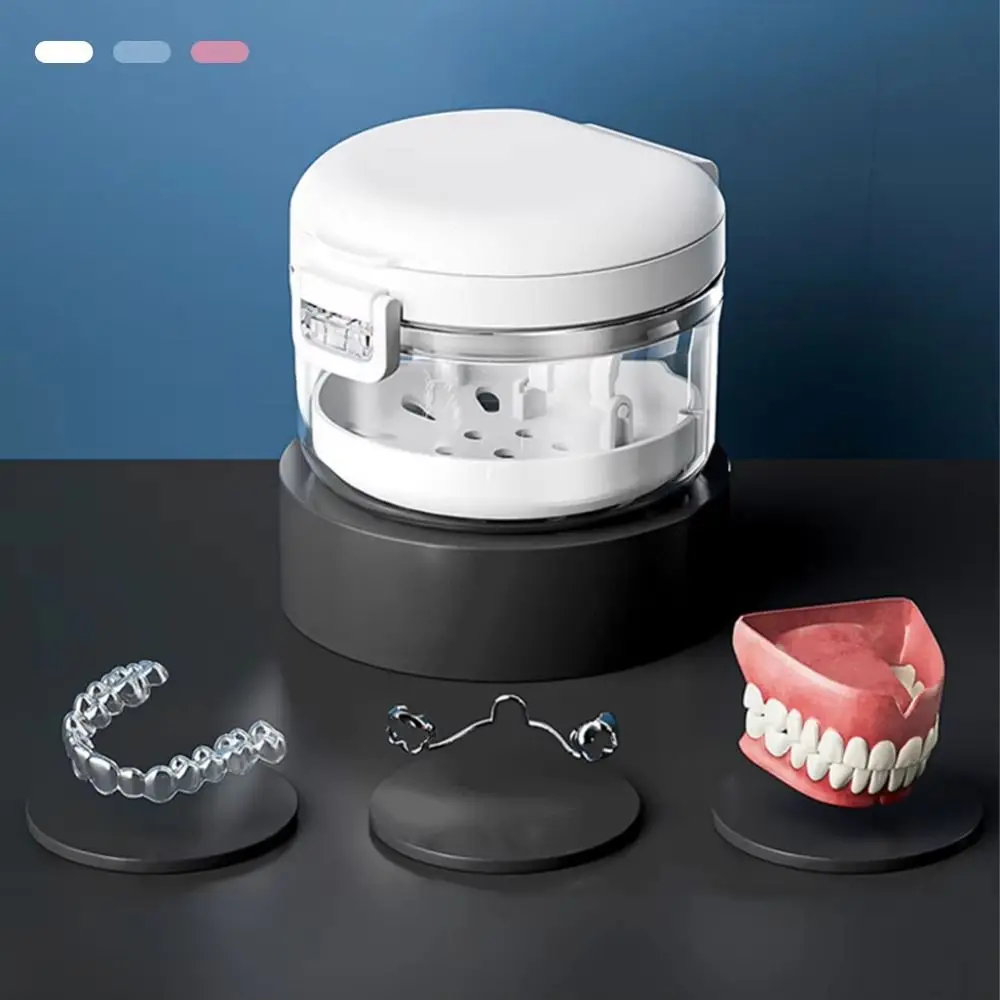 

Double Layer Orthodontic Retainer Box Magnetic Cap Leak-proof Denture Soaking Cup with Mirror Portable False Teeth Holder