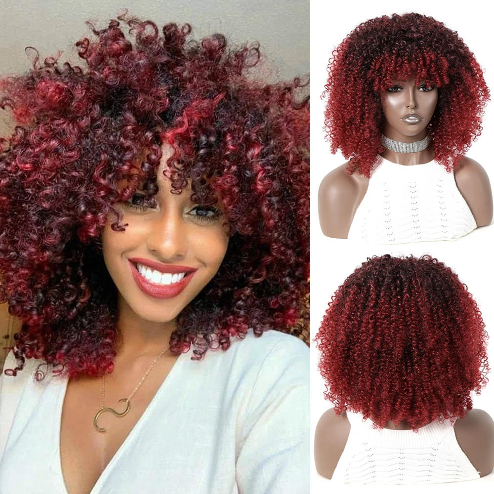 

Short Curly Afro Wigs with Bangs Red Soft Synthetic Hair Wigs for Black Women Natural Wigs Party Cosplay Kinky Curly Fake Hair