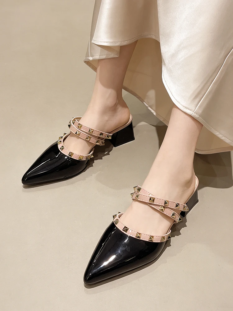 

Korean Style Women's Chunky Heel Slip-On Sandals Summer Open-Toe Embellished Clog Shoes Comfortable Ultra-Fiber Leather