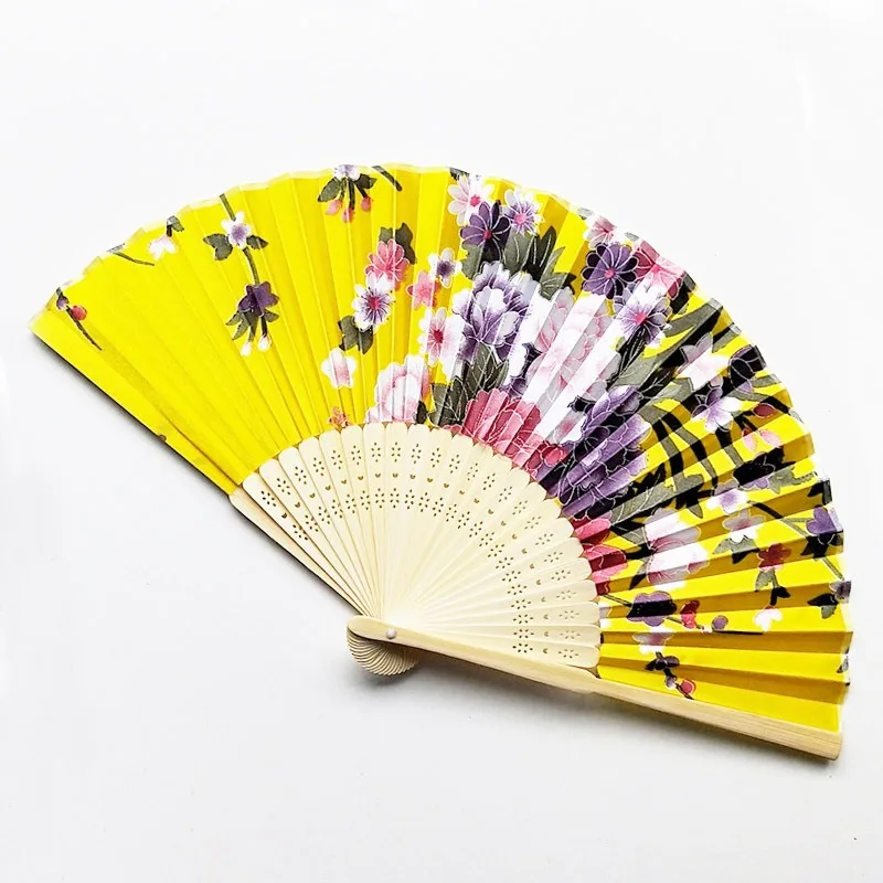 Luxury Dance Foldable Cloth Hand Fans Bamboo Bone Flowers Print For Home Wedding Party Decoration Performance Program Prop