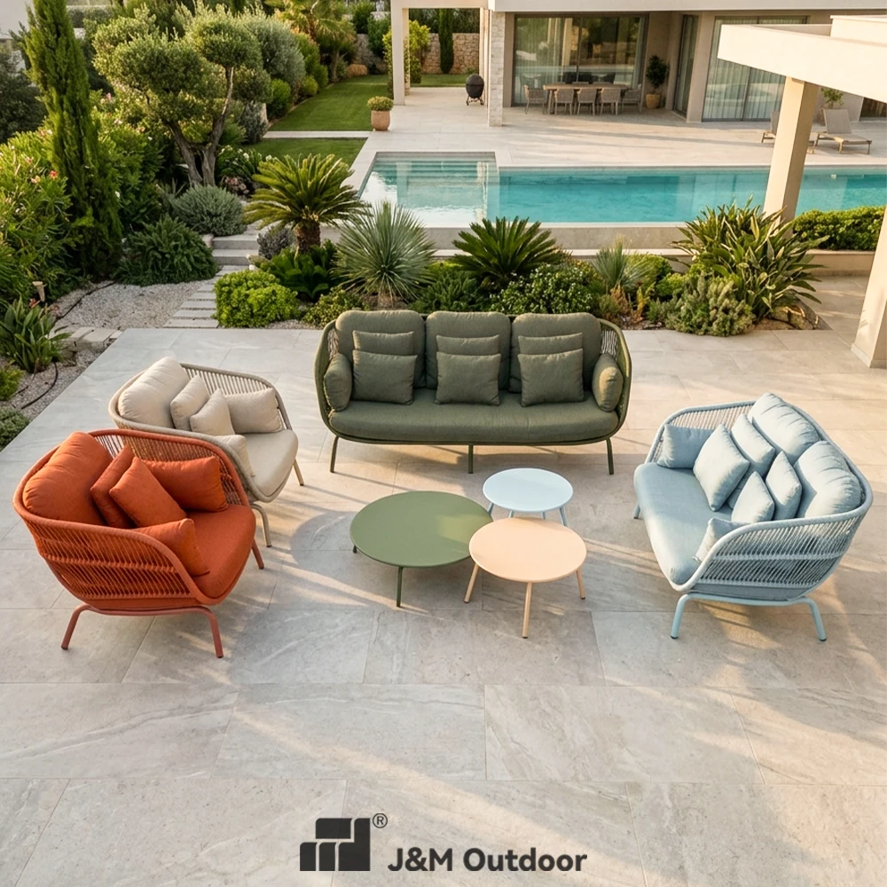 Coofull Outdoor 7 Seats Outdoor Sofa Collection Hand Woven Colorful Lounge Set Seaside Villa Balcony Aluminum Outdoor Sofa Set