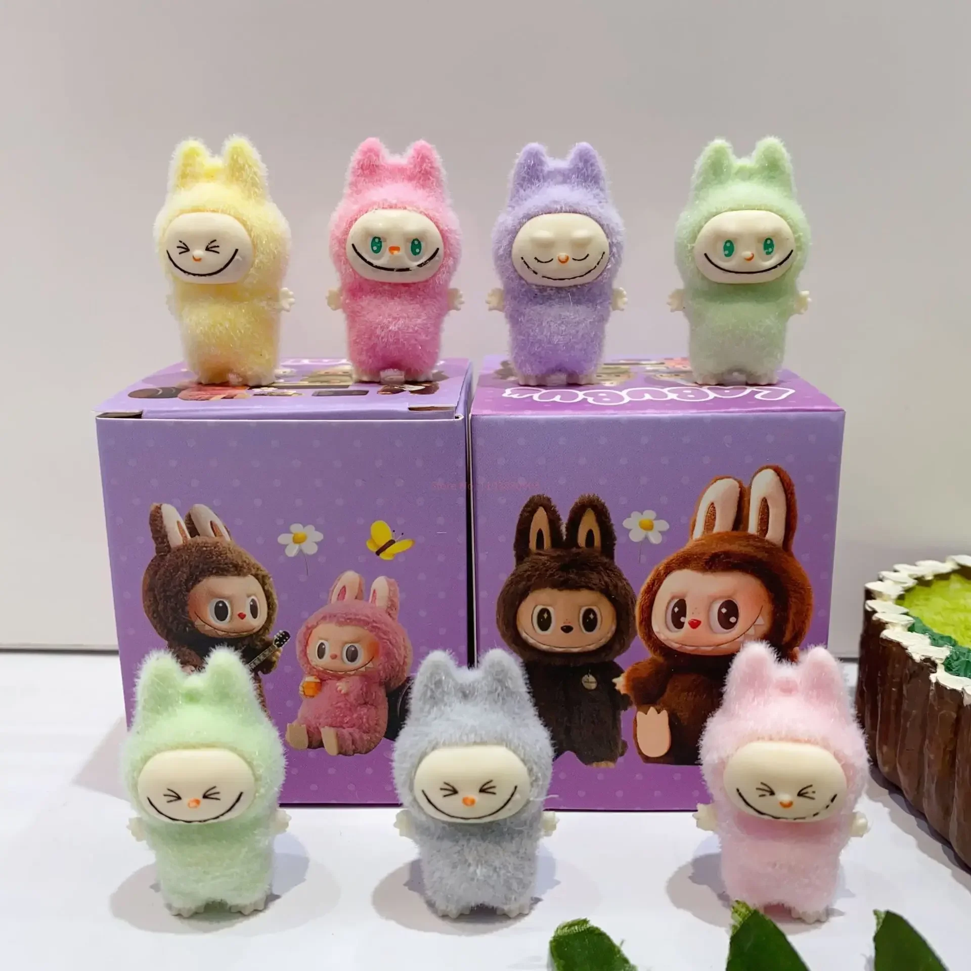 New Cartoon Flocking Labubu Figure Blind Box Cute Mini Doll Desktop Ornaments Tide Play Model Mystery Box Gift