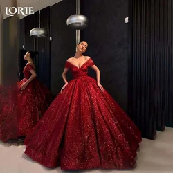 LORIE Red Shiny Formal Evening Dresses A-Line One Shoulder Prom Ball Gowns Sparkly Tulle V Neck Backless Evening Party Dresses