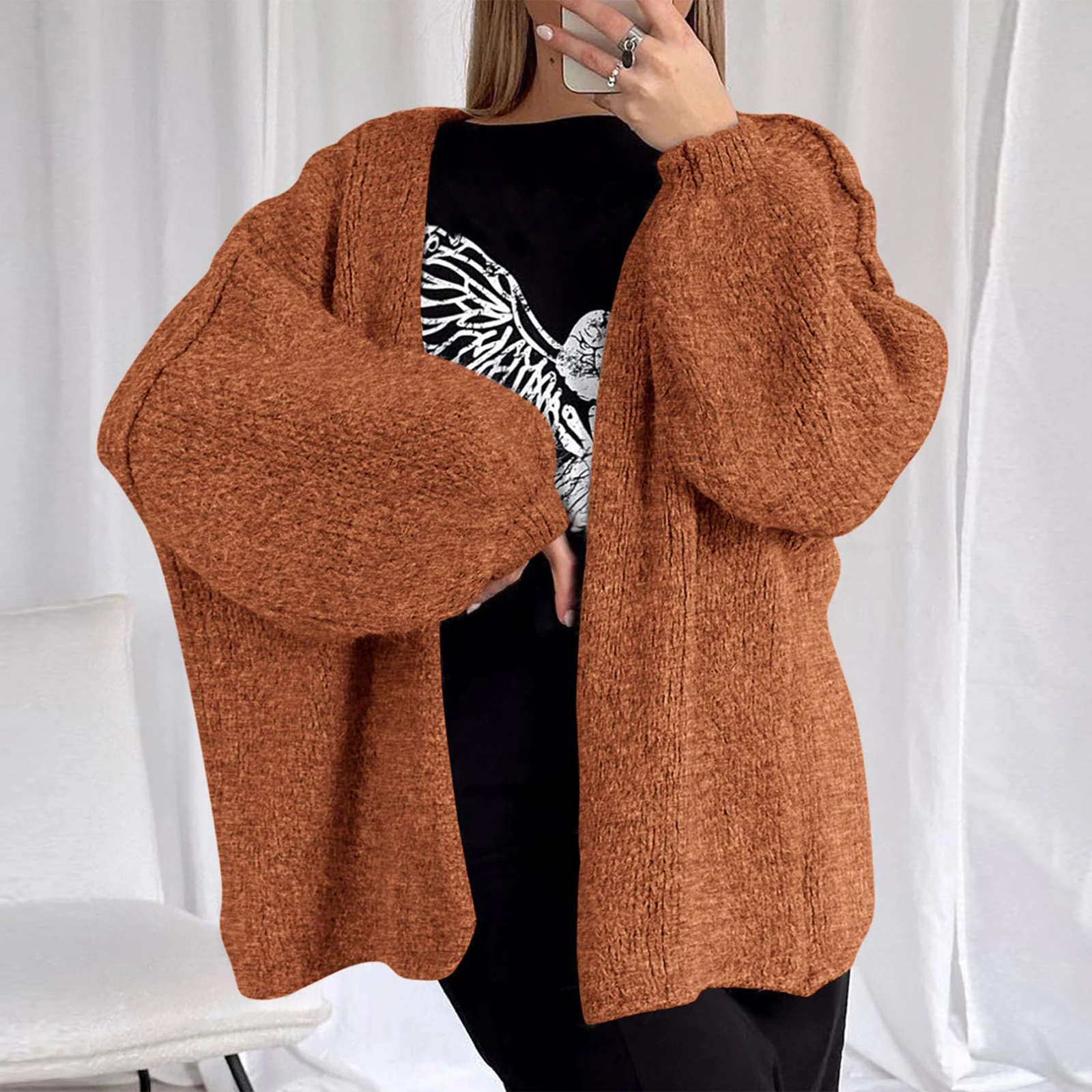 

Women's Autumn Knitted Cardigan Sweater Jacket Casual Stylish Solid Color Long-sleeved Cardigan Jackets Fall Loose Sweater Coat