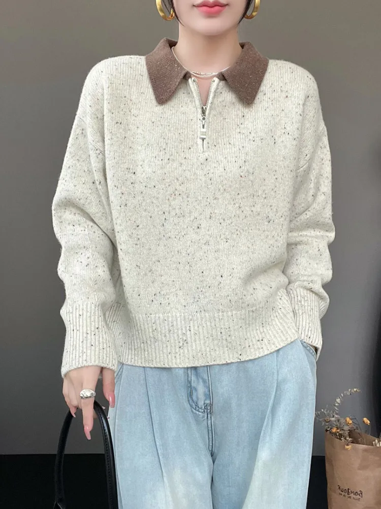 

New Women 100% Pure Wool Autumn Winter Pullover Sweater Half-Zip Thick Loose Casual Clashing Color Lapel Cashmere Knitwear Tops