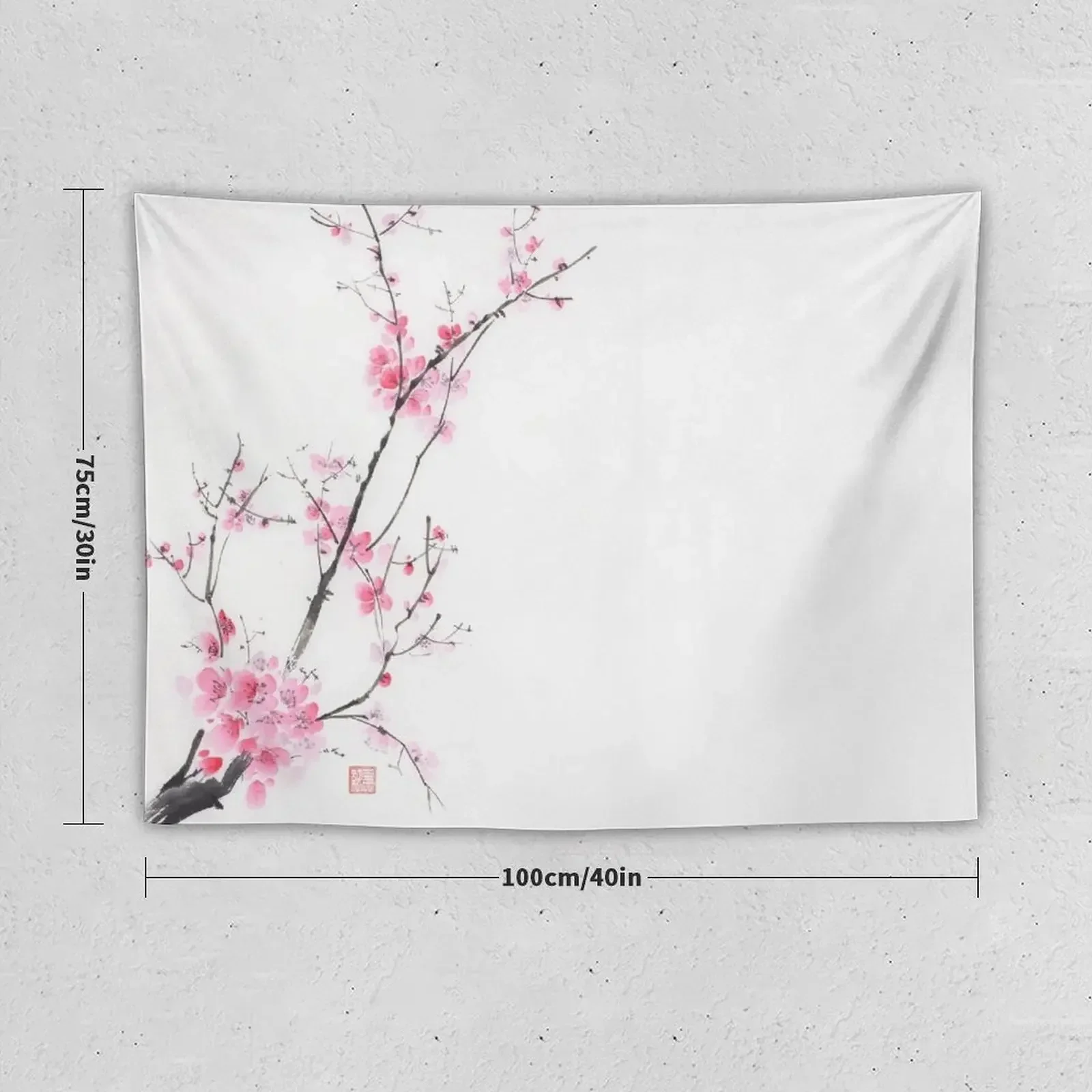 Elegant branch of cherry blossom with pink flowers on white Oriental sumi-e painting art print Tapestry