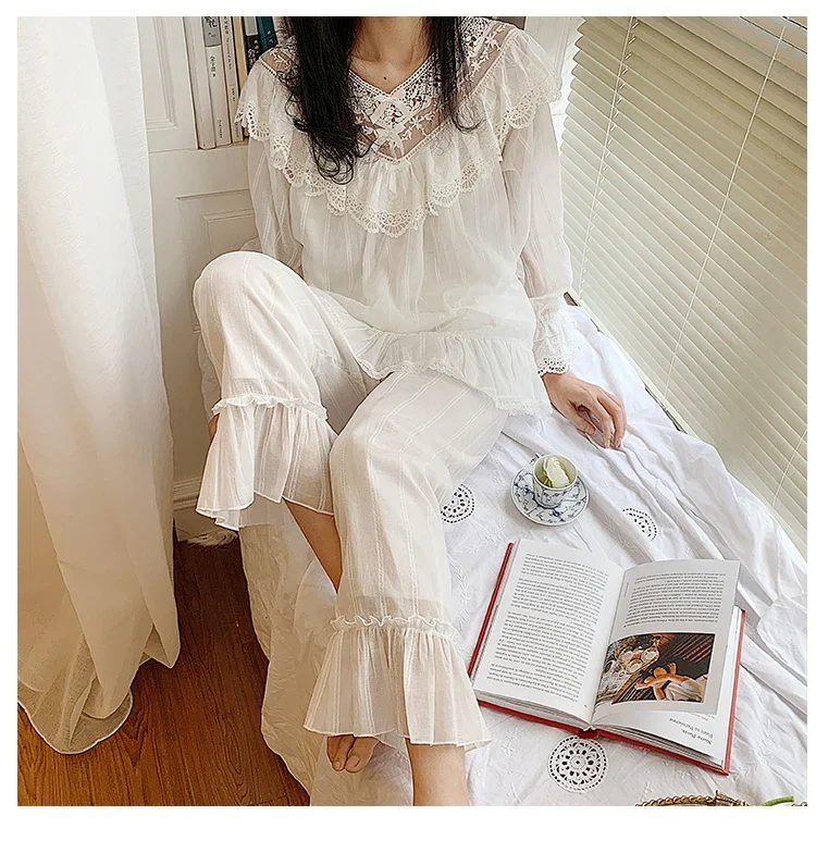 Women\'s Lolita Princess V neck Pajama Sets.Ruffle Lace Tops+Long Pants.Vintage Ladies Girl\'s Pyjamas Set.Sleepwear Loungewear
