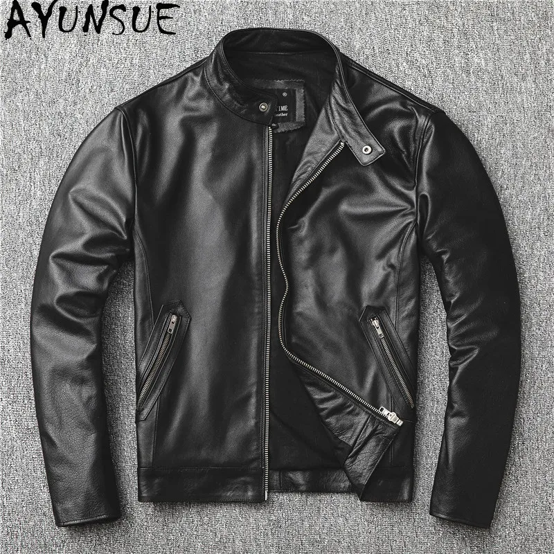 AYUNSUE Top Layer Cowhide Genuine Leather Jacket Men Short Stand Collar Real Sheepskin Leather Coat Slim-fit Motorcycle Jackets