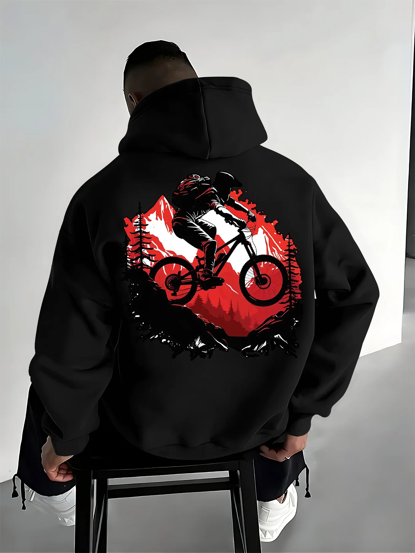 Men's Mountain Biker Printed Forest-Print Hoodie - Outdoor Sport Style Loose Fit for Autumn/Winter Daily Casual Outerwear