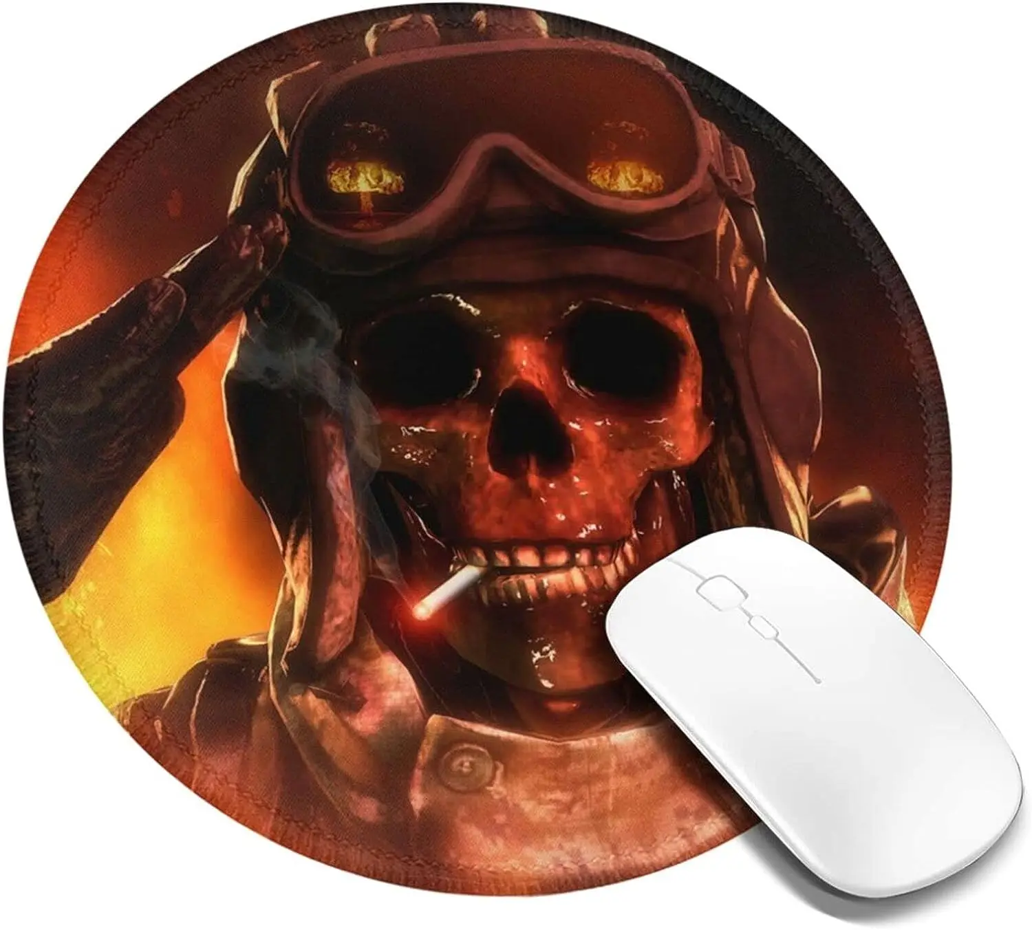 Death Pilot Skull Fire Round Mouse Pad Non-Slip Rubber Mousepad Skeleton Mouse Mat for Computer Desk Gaming Laptop Office Home