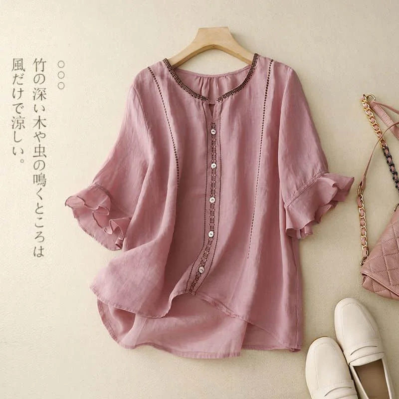 

Shirts for Women Vintage O-neck Half Pagoda Sleeve Casual Korean Fashion Embroidery Single Breasted One-piece Blouse Women Tops