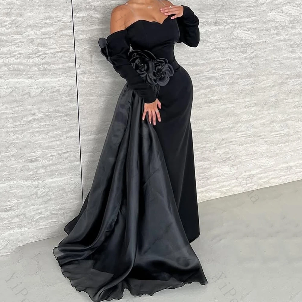 

Customized A-line Evening Dresses Floor-length Off The Shoulder Full Sleeve Prom Gown Fashion flowers simple draped party gown