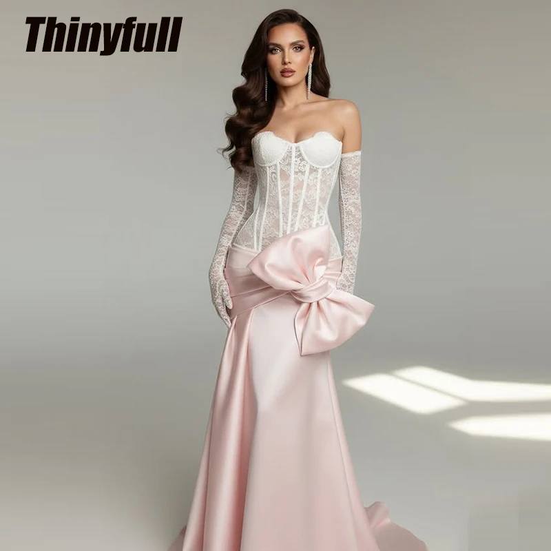

Thinyfull Mermaid Arab Prom Dresses Sweetheart Sleeveless Satin/Lace Evening Gown Formal Dress robes de soirée Customized