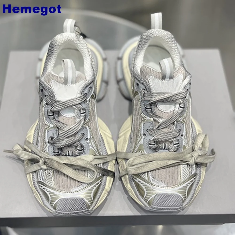 Patchwork Mesh Street Style Sneakers 2024 Summer Retro Round Toe Lace-Up Sports Casual Shoes Thick Sole Comfort Women Shoes