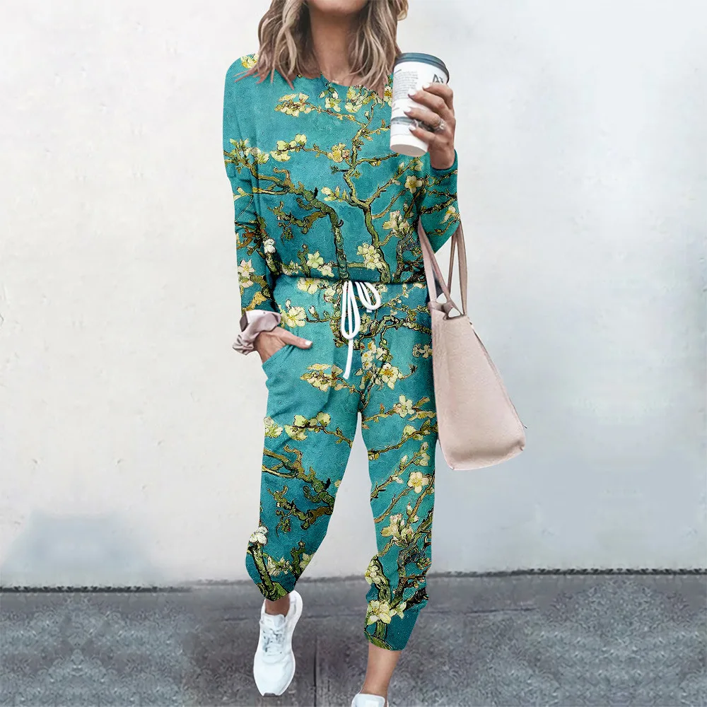 2 Pcs Women Tracksuit Autumn Sweatshirt Top Pants Suit Spring Casual Long Sleeve White Cute Cat Print Pullover Sports Outfits