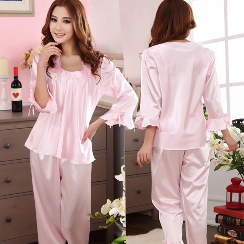 Women Red Silk Nightgown Pajamas Set New Brand Home Apparel Fashion Short Lace Embroideried Two-Set Nightshirt Ladies Sleepwear