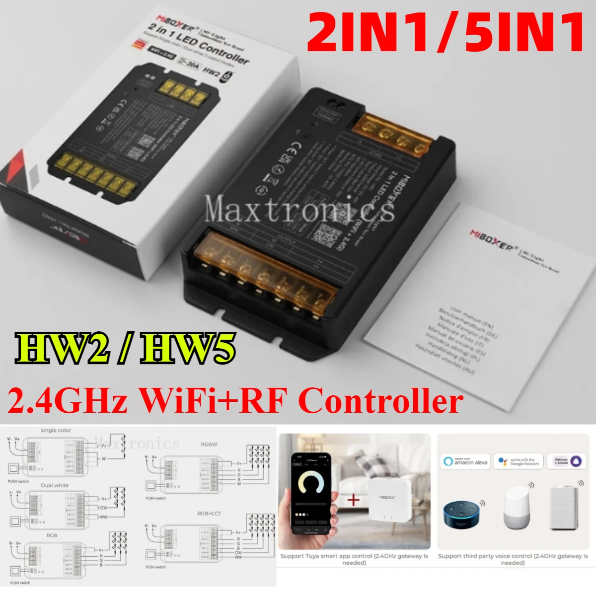 Miboxer 와이파이 + RF 컨트롤러, 단일 색상, 듀얼 화이트, RGB, RGBW, RGB + CCT LED 스트립 램프용, 2IN1, 5IN1, 2.4GHz, HW2, HW5, DC12 ~ 48V, 최대 30A