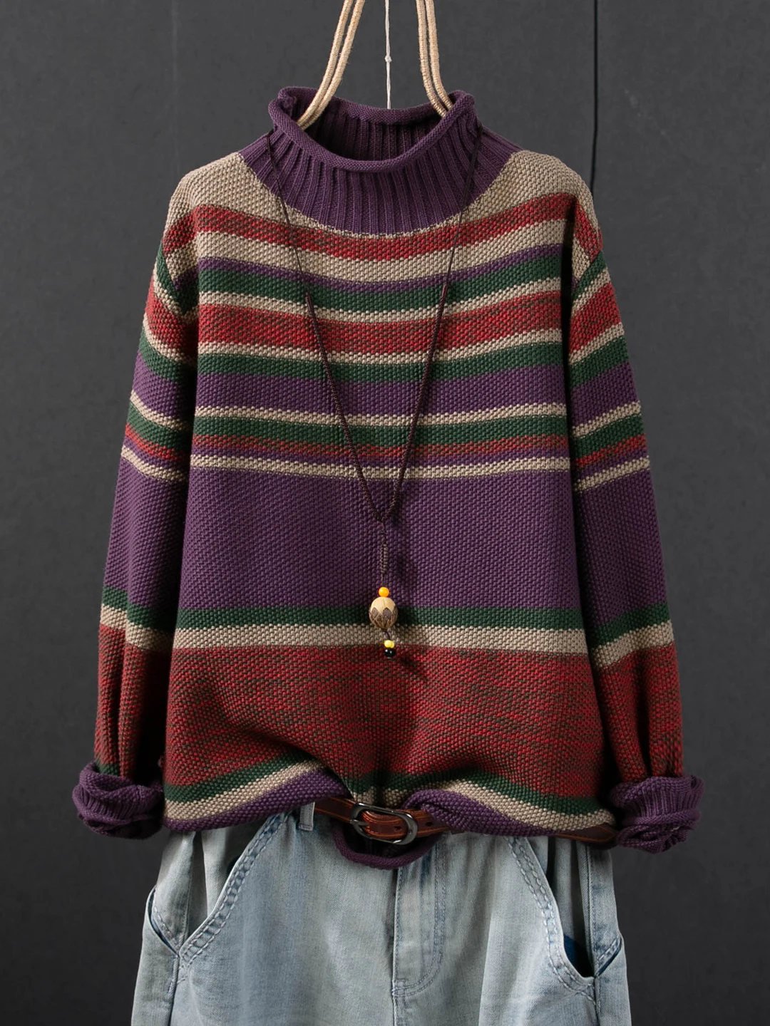 

Women Long Sleeve Casual Sweaters New Arrival 2025 Autumn Vintage Style Half High Collar Striped Female Knitted Pullovers M2110