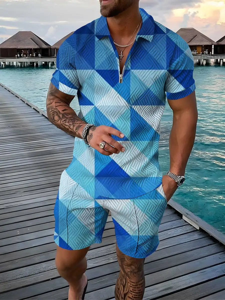 New 2022 Men's Polo Shirt Top + Shorts Dynamic HD Geometric 3D Printing Men's High Quality Clothing Casual Sports Beach Suit