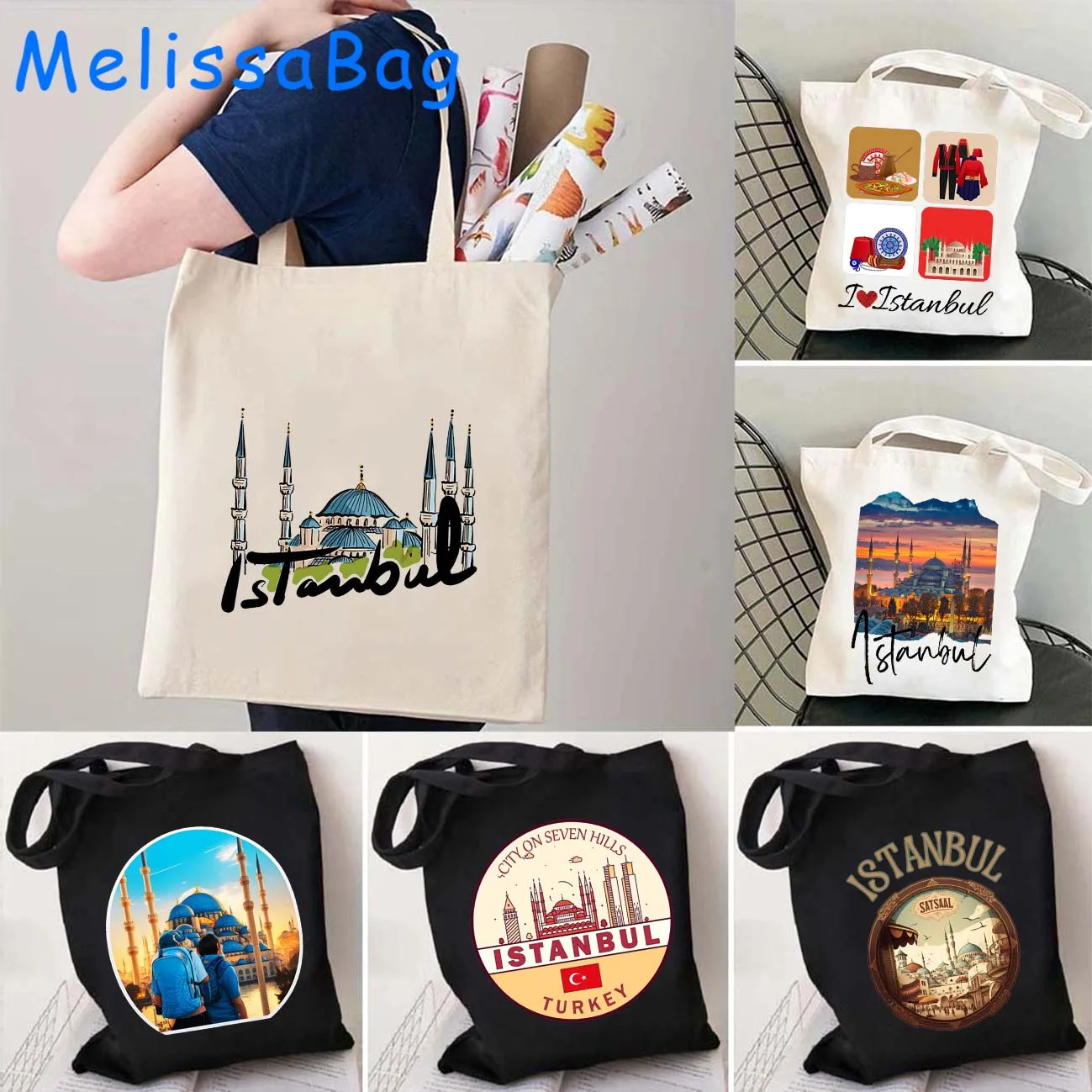 Istanbul Turkey Turkish City Skyline Tote Bag Travel Souvenir Urdu Sultan Ahmed Mosque Galata Tower Watercolor Painting Handbags