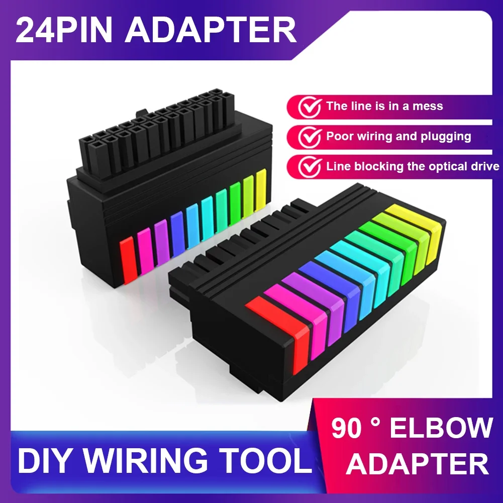 ATX 24Pin 90 Degree Power Plug Adapter 9 LED 24Pin To 90° ARGB Power Plug Adapter 5V 3 Pin ARGB DIY for Motherboard Desktops PC