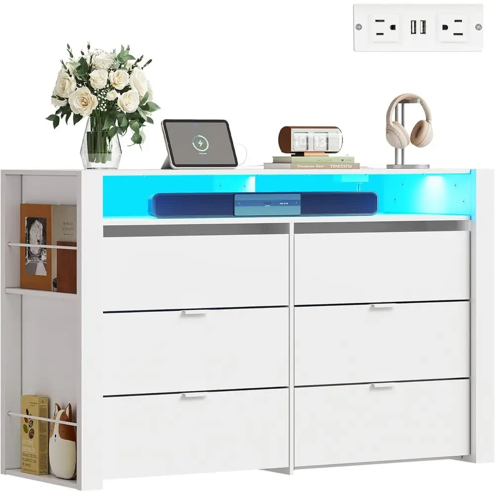 55 TV, 51 White Wooden Bedroom Storage Organizer with Charging Dock, Open Shelves, Hanging Rack, Chest of Drawers for Living Roo