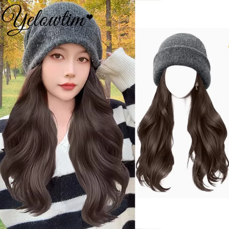 New Autumn And Winter Sequined Woolen Hat Wig Women's One-piece Large Wave Long Curly Hair Big Head Essential Versatile Knitted