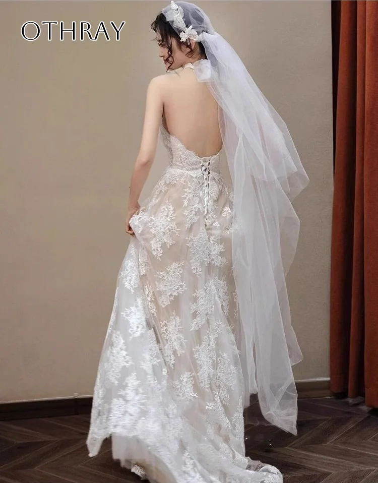 A Line V-neck Wedding Dresses Lace Sweep Train Sleeveless Bridal Gowns For Women Corset Back Customized robe de marié
