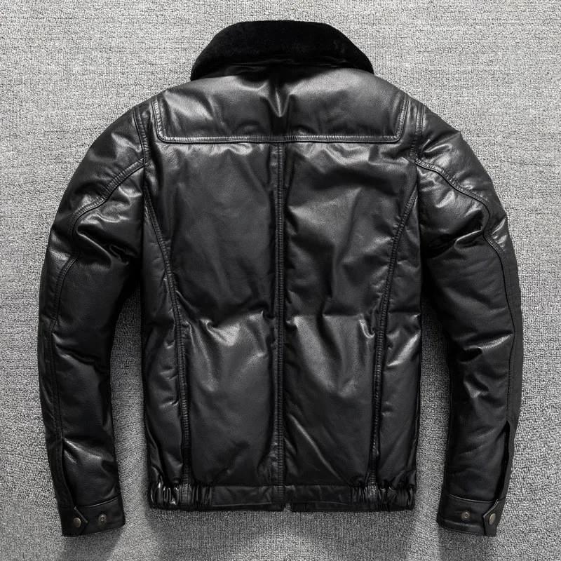 Top-grain cowhide leather down large-sized men's windproof warm simple and coat