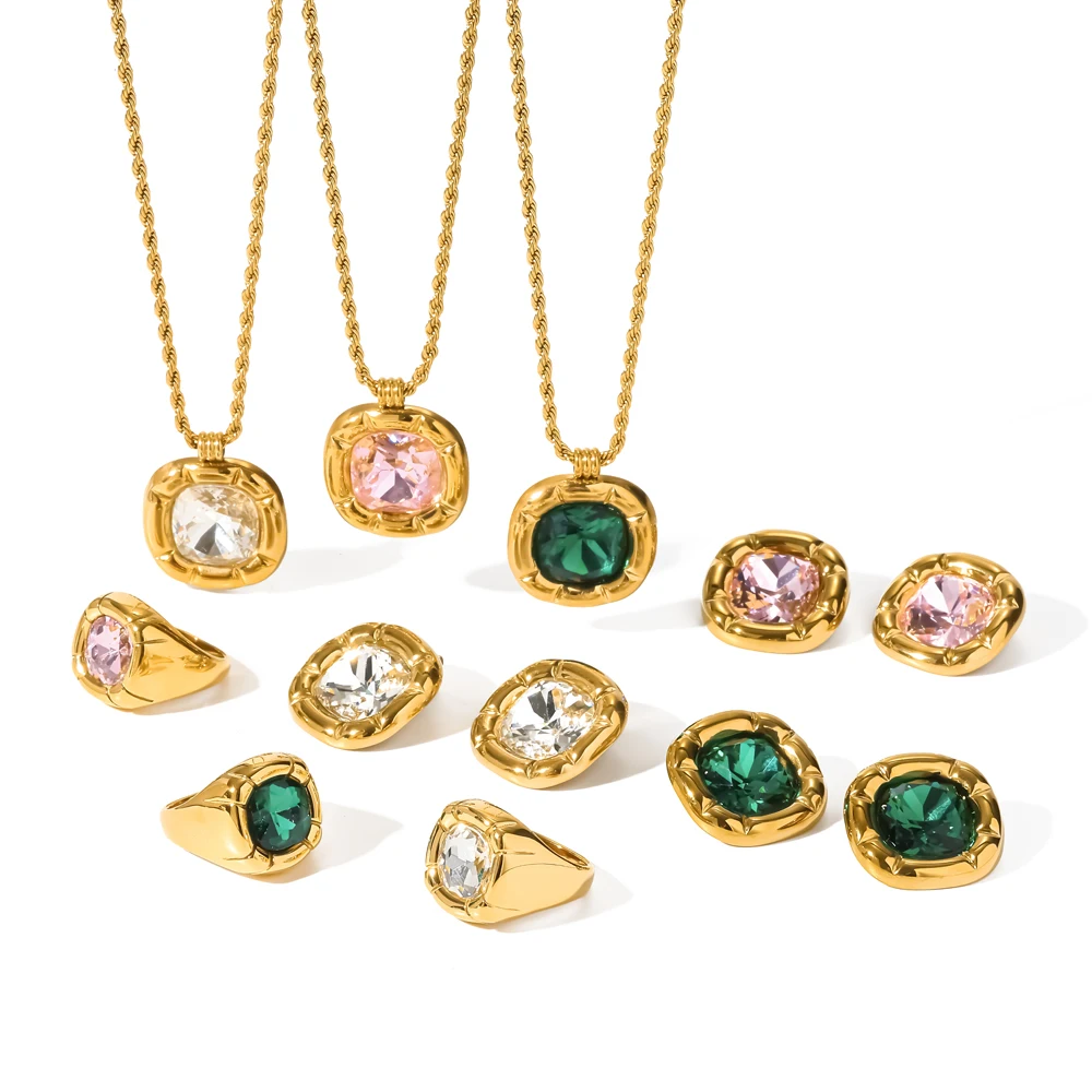 Luxuriöses Schmuckset aus 316L-Edelstahl mit quadratischem Zirkonring, Ohrringen und Halskette, 18K PVD-beschichtet, Damengeschenk – Detail 5