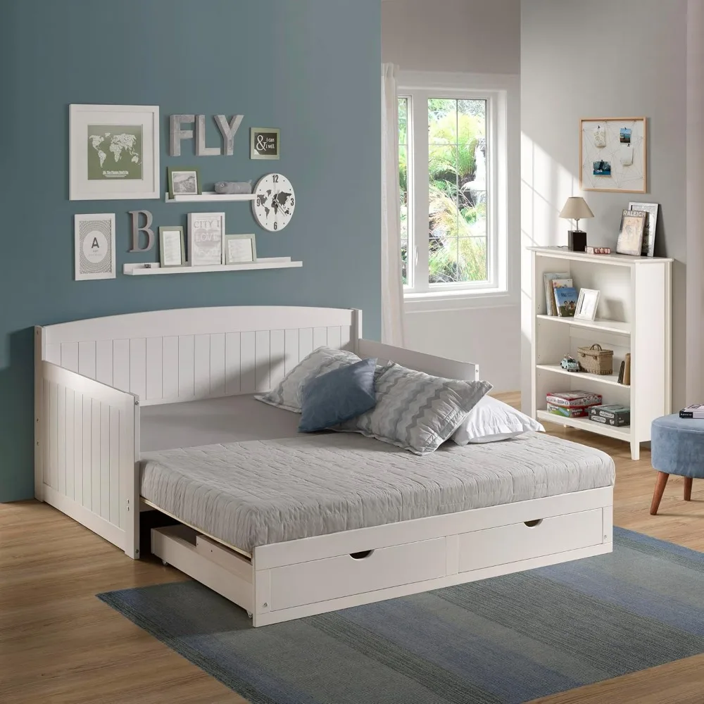 Wood Daybed, Single, White Brazilian Pine Trundle Bed for Sleepovers with Kids, 2 Pull-Out Drawers, 440 lbs Weight Capacity