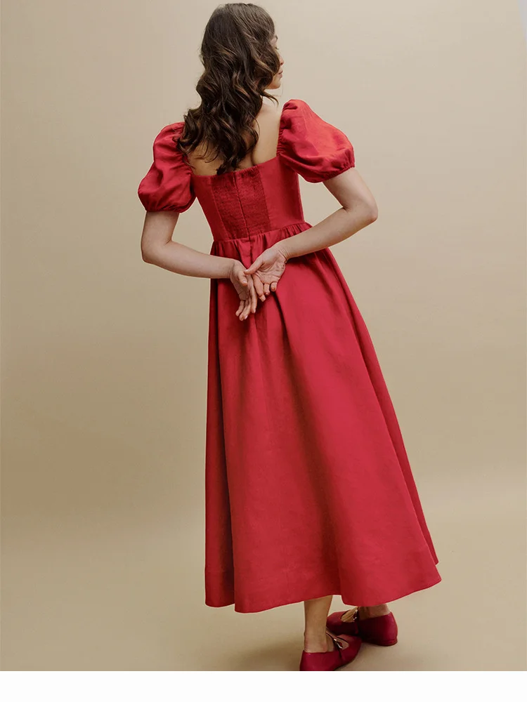 Linen Ladies Square Collar Slim Elegant Long Robe Women Solid Color Vintage Puff Sleeve Mid-Length Dress Summer 2024 New