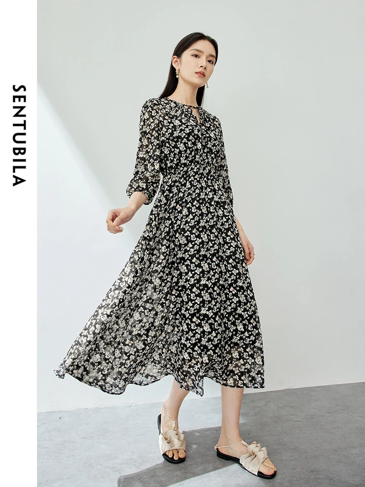 SENTUBILA Elegant Lace-up Round Neck Chiffon Floral Dress 2024 Spring Fashion A-line Midi Dresses Woman 2 Piece Set 141L53644