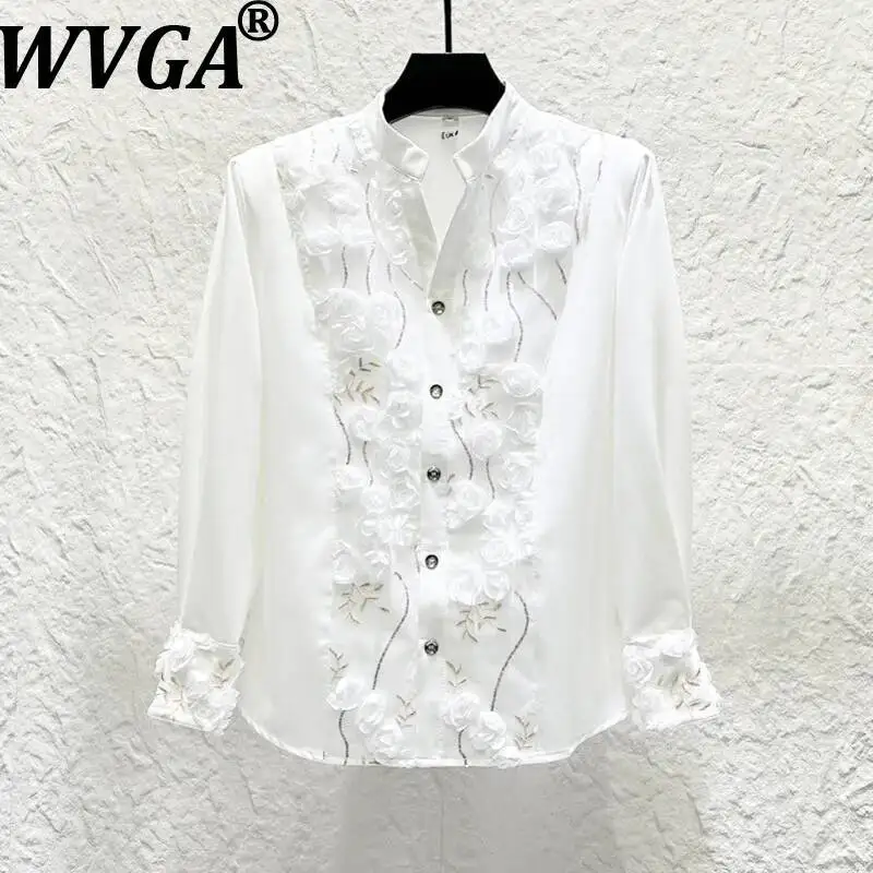 WVGA Summer New Men Light Luxury French Lace V-neck Shirts Fashion Design Three-dimensional Floral Sequin Trendy Tops Ins W25941