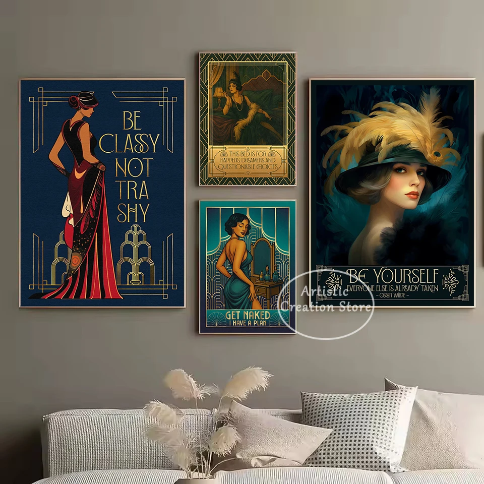 Art Deco Style Funny Bathroom Quotes Cocktail Flapper Girl Cooking Poster Canvas Painting Wall Art Pictures Home Kitchen Decor