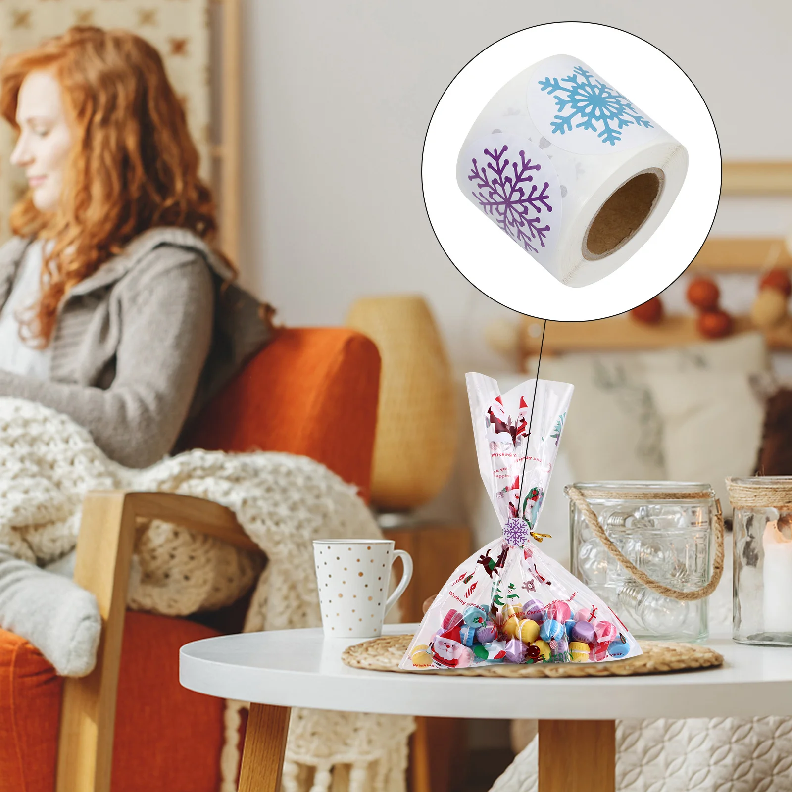 500 Uds. Pegatinas de copos de nieve de Navidad, rollo de decoración DIY para vacaciones, pegatina autoadhesiva para álbum de recortes, adorno de copo de nieve redondo