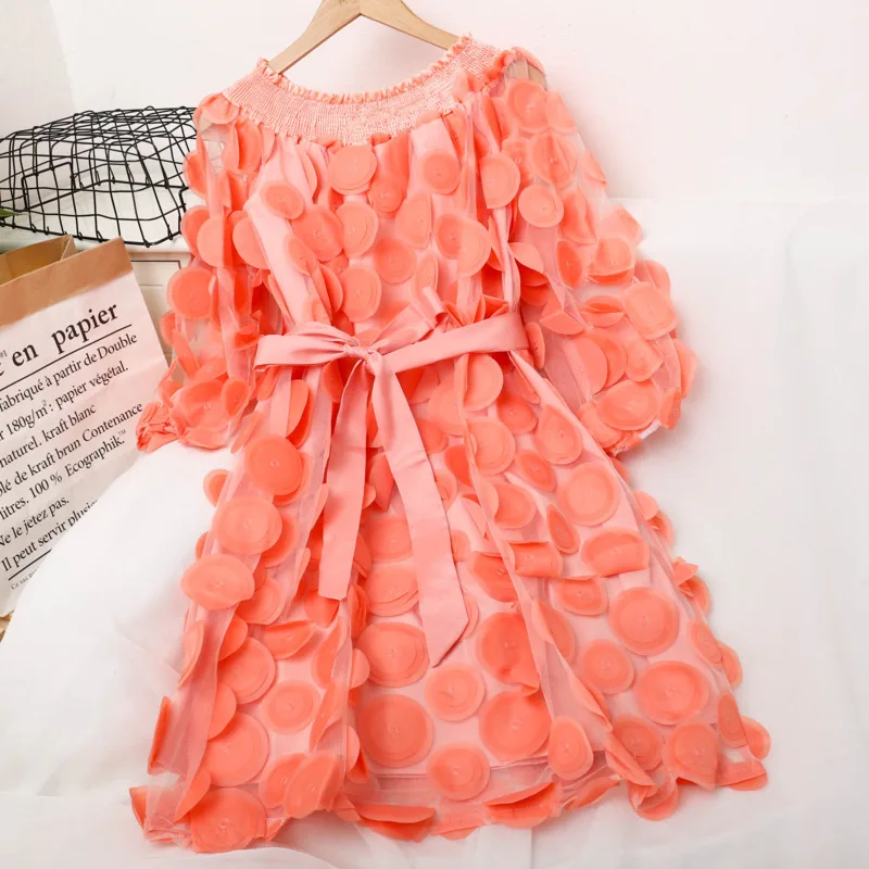 #3520 Summer Mini Dress Women Thin Sexy Mesh Dress Solid Color Korean Style 3D Floral Puff Sleeve A-line Short Dress Female 