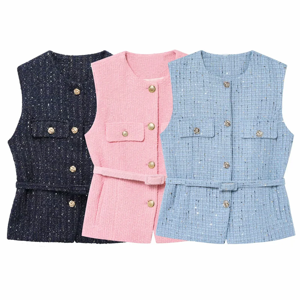 

Women's Belt Texture Tank Top Button Pocket Decoration Spring/Summer New Casual Women's Wear