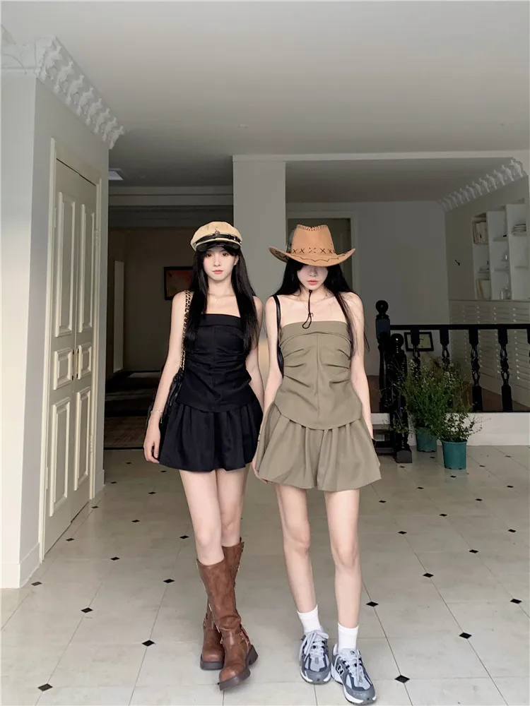 2024 New Spring Summer Holiday Two Piece Sets Black Khaki Strapless Slash Neck Shirt Top&Mini Skirt Fashion Sexy 2 Piece Sets