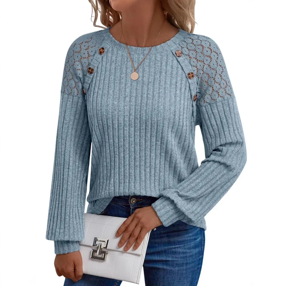 

New Autumn Winter Versatile Pullover Patchwork Hollow Button Long-sleeved Casual Patchwork Tops Women's Solid Color Fashion Tops