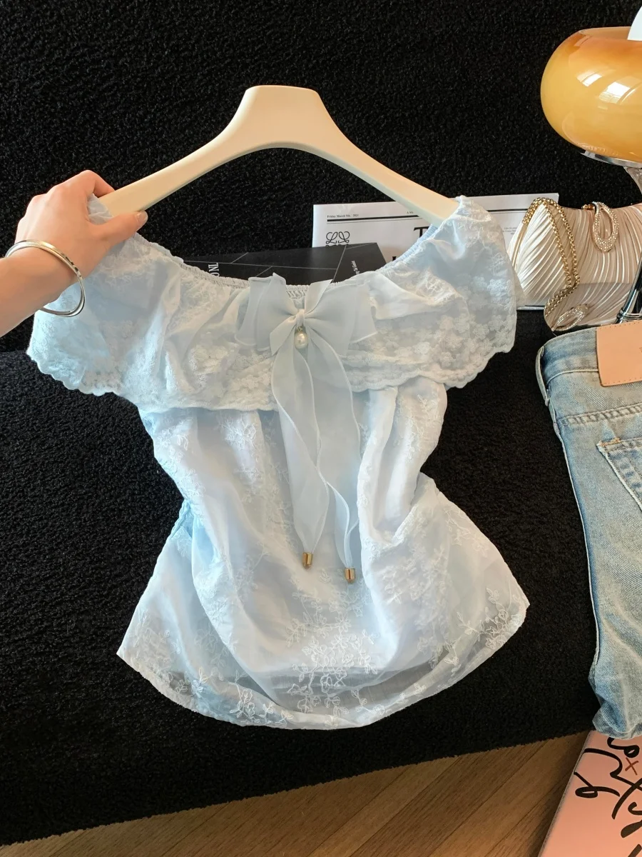 

Summer New Knot Lace Trim Embroidered One Shoulder Short Sleeve Shirt Women Slimming Ageless Top Korean Style Commute