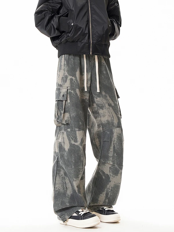 

American Retro Camouflage Work Pants Men's Spring Autumn Large ket Cleanfit Pants Men's Straight Leg Micro Flare Jeans