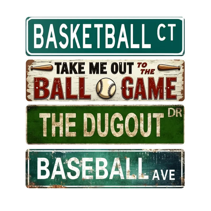 4pcs Decorative Plaque Set, Vintage Ball Sports Themed Metal Sign Set, Vintage Sports Street Sign Plaque,Basketball Ct & Balcony