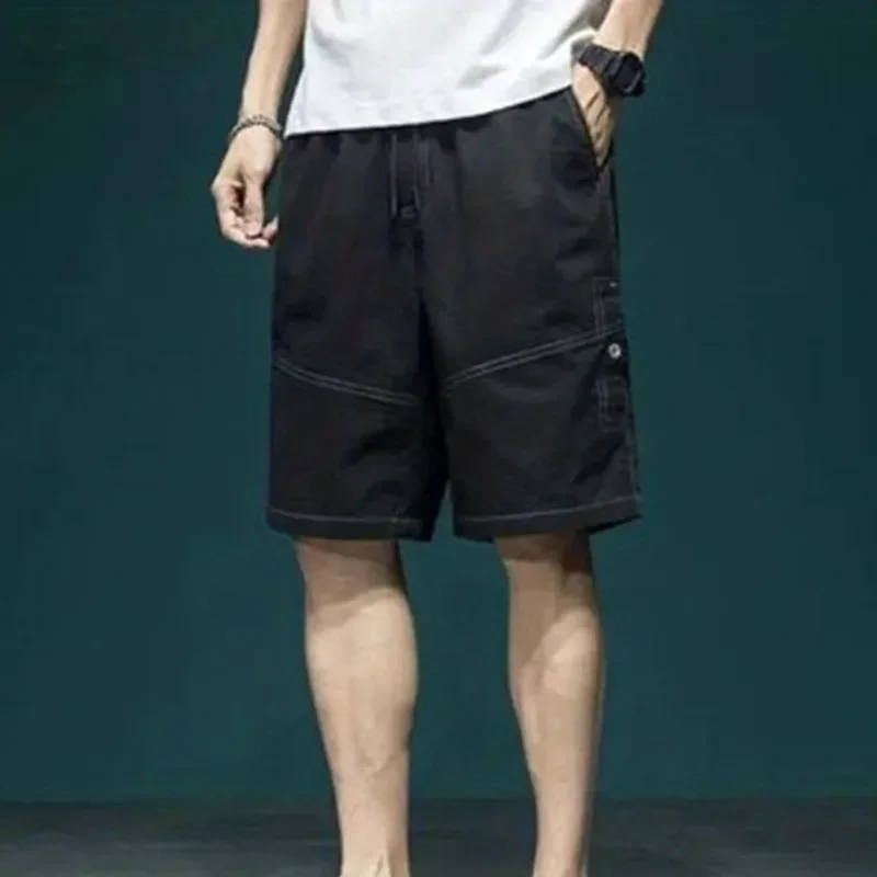 With Pockets Men's Cargo Shorts Draw String Half Baggy Solid Bermuda Male Short Pants Elastic Waist Loose Long Wide Summer Y2k
