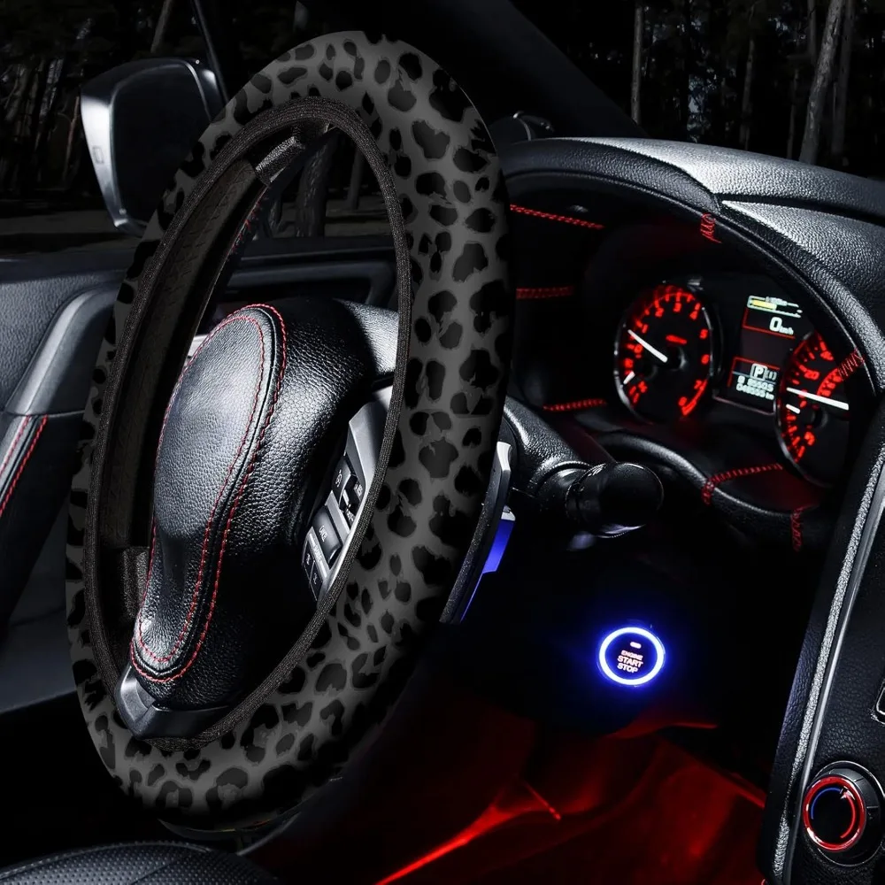 طقم إكسسوارات سيارة مكون من 13 قطعة بطبعة جلد الفهد مع أغطية مقاعد وغطاء عجلة القيادة والسجاد والمزيد للديكور الأنيق #5