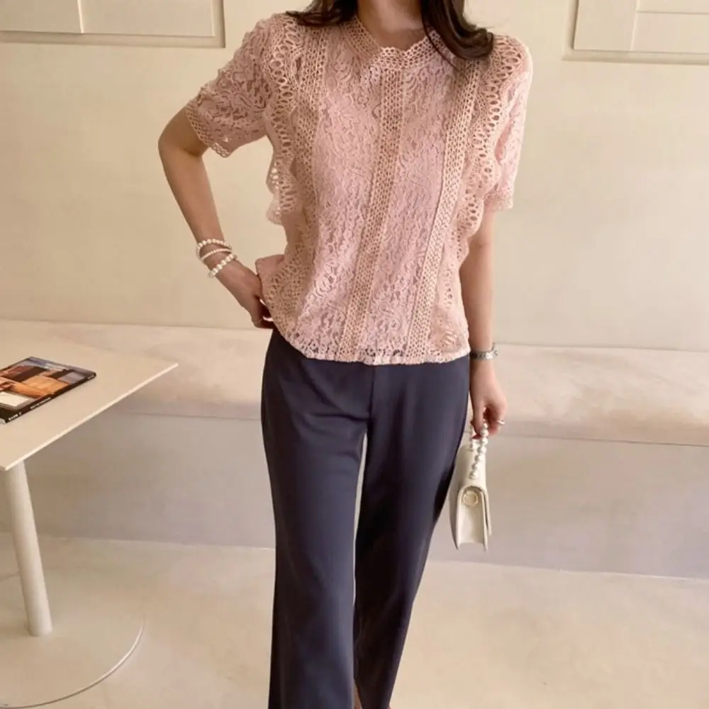 

Elegant Sweet Short Sleeve Lace Shirts Round Neck Loose Lace Blouse Women Chic All-match Crochet Crop Top Vacation
