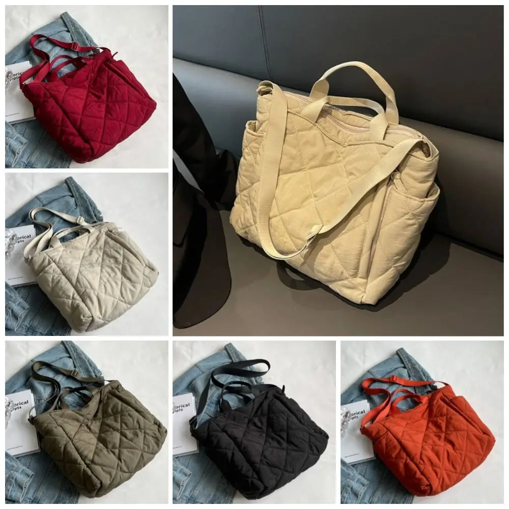 

Korean Style Plaid Shoulder Bag Casual Solid Color Underarm Tote Bag Space Cotton Large Capacity Nylon Handbag Office Worker