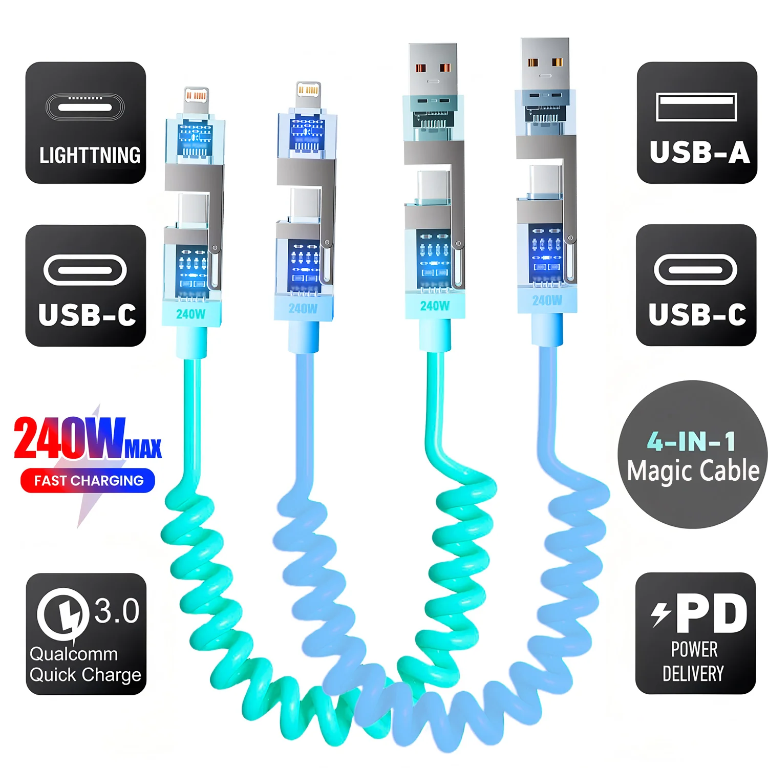 PD 2M 240W 4 in 1 USB PD to Type C IOS Mobile Phone Fast Charging Cable Spring Retractable Data Cable For iPhone15 16 Samsung